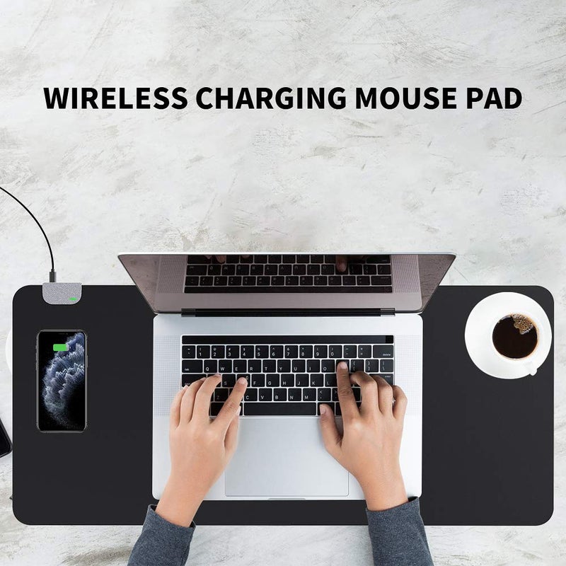 KINGFOM Multifunctional Office Desk Pad, Large Waterproof Pu Leather Mouse Pad, 2-in-1 Use Desk Writing Mat with Wireless Charging for Home/Office 35.4" x 16.7" (Black) - Image 2
